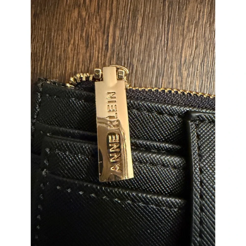 Anne Klein Black Saffiano Vegan Leather Slim Card Case Zip Wallet Gold Hardware